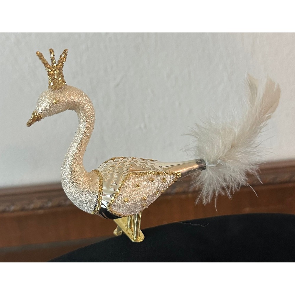 Czech‎ Crowned Glass Swan Christmas Ornament White Gold Feather Clip On 6''